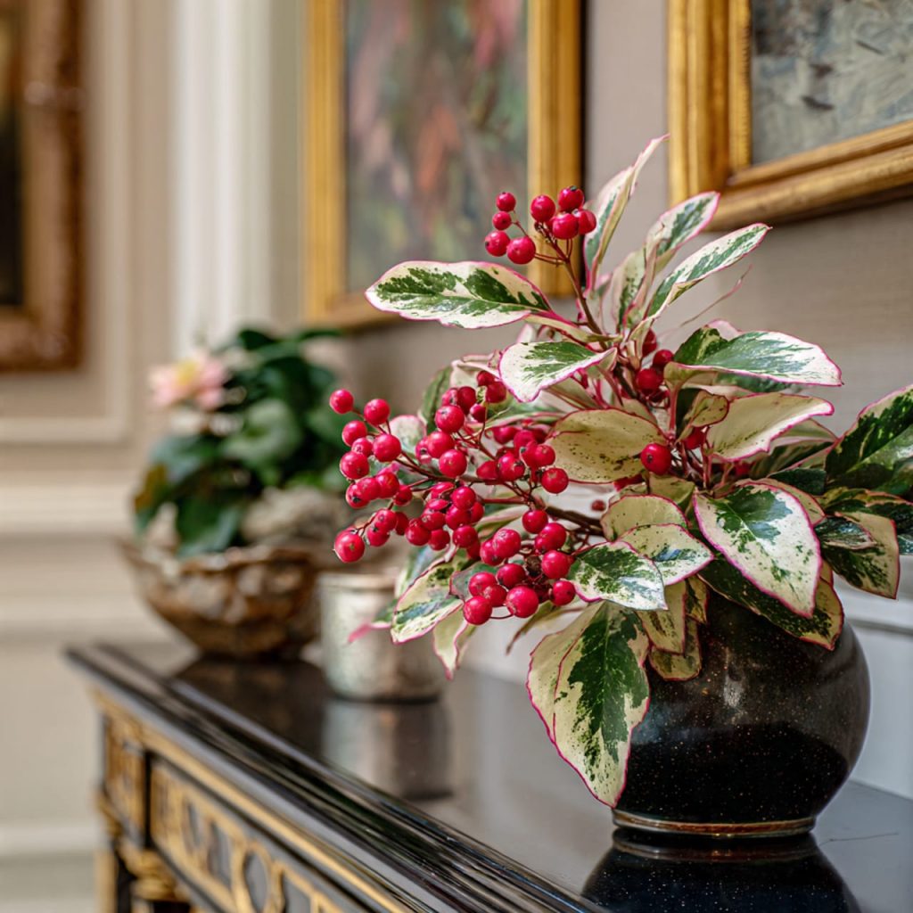 Variegated Ardisia with red berries and colorful leaves styled in a luxury entryway.