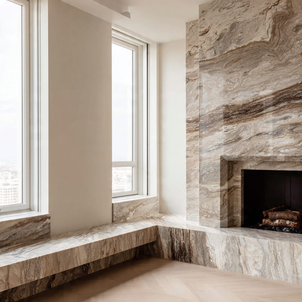 Seamless marble material synchronization across fireplace and window sill design elements