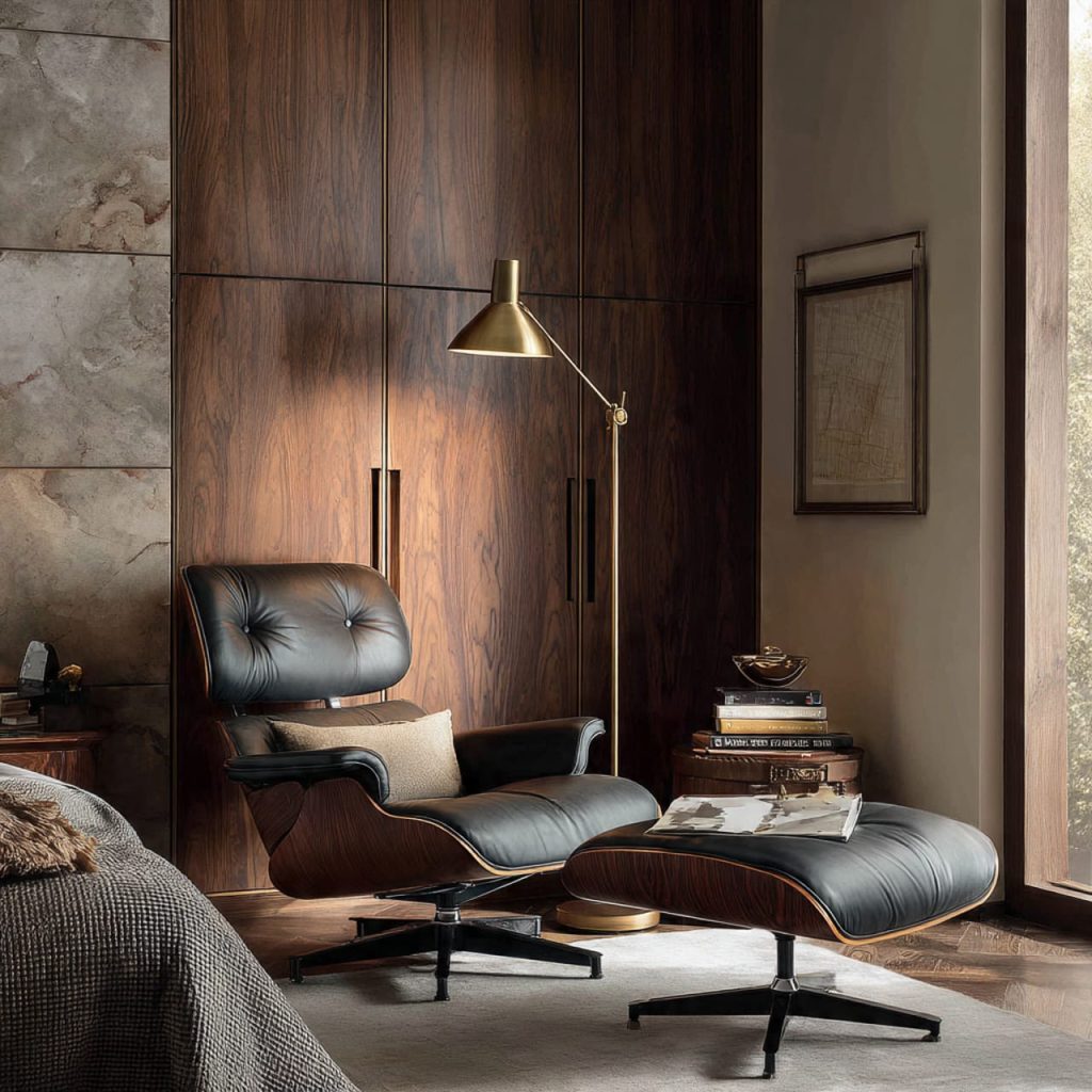 Elegant Mid-Century Modern lounge chair with a slender floor lamp, creating a perfect reading nook in a luxury bedroom.