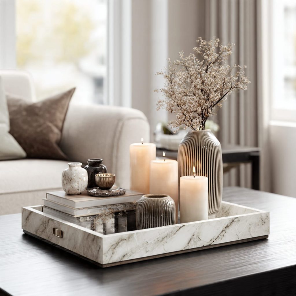 Decorative tray organizing coffee table accessories in a small luxury living room
