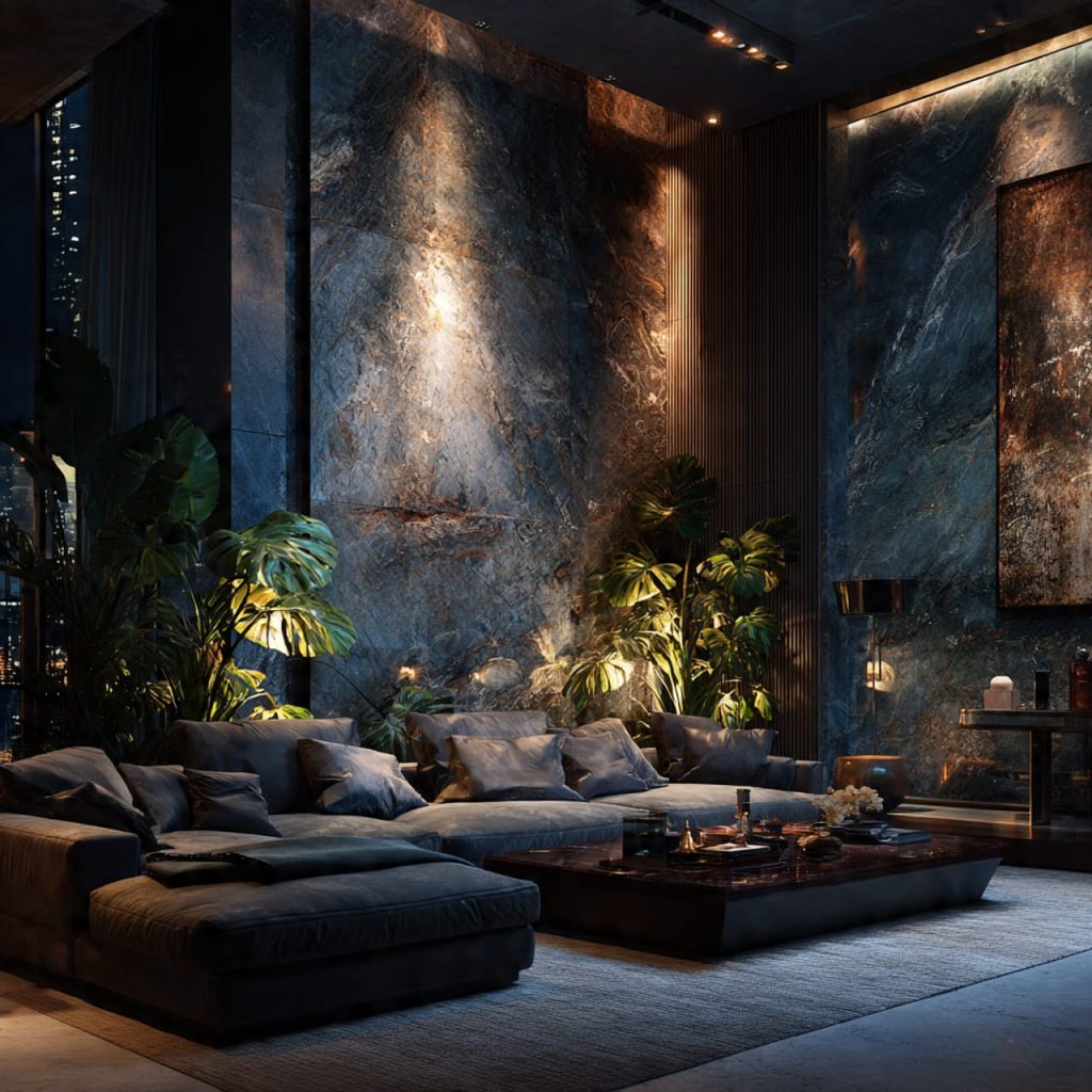 Accent lighting highlighting indoor plants in a modern luxury penthouse at night