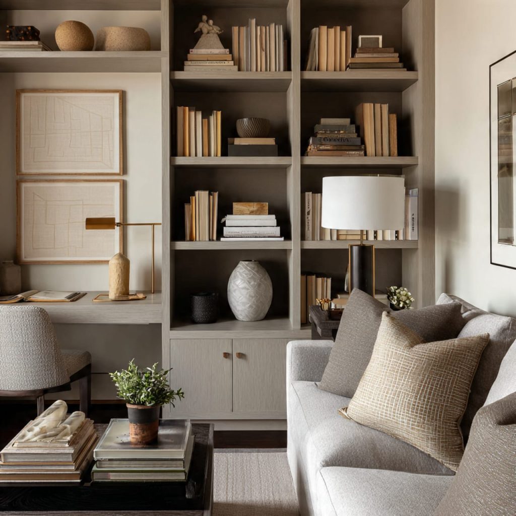 Color-coordinated bookshelf creating visual harmony in a small modern living room