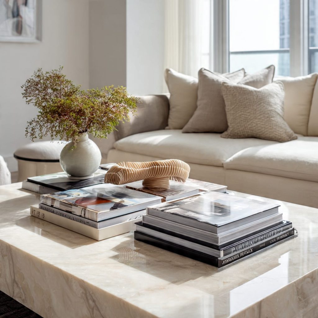Coffee table styling with indoor plants in a minimalist luxury penthouse living room