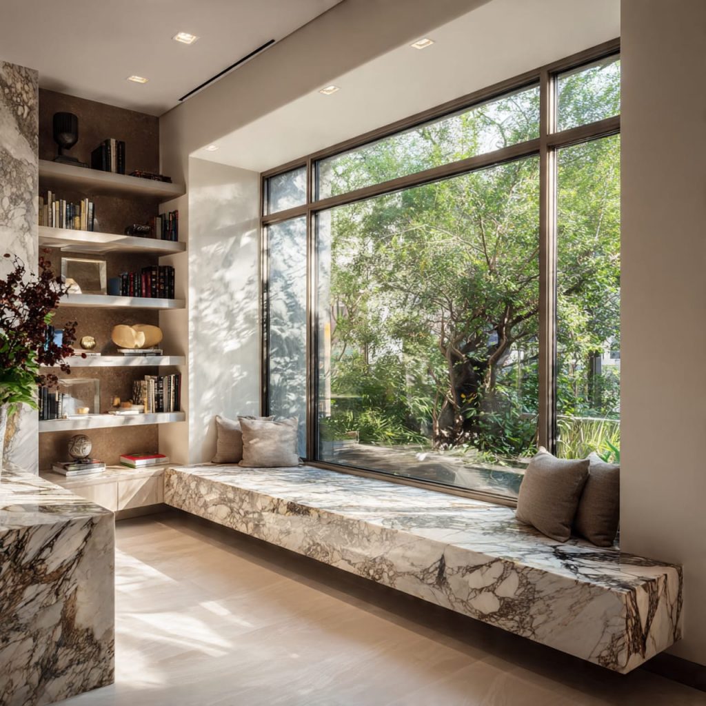 Integrated marble window sill design combining functionality with refined aesthetics