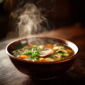 Clear vegetable and mushroom soup with radish, shiitake mushrooms and corn in a home kitchen