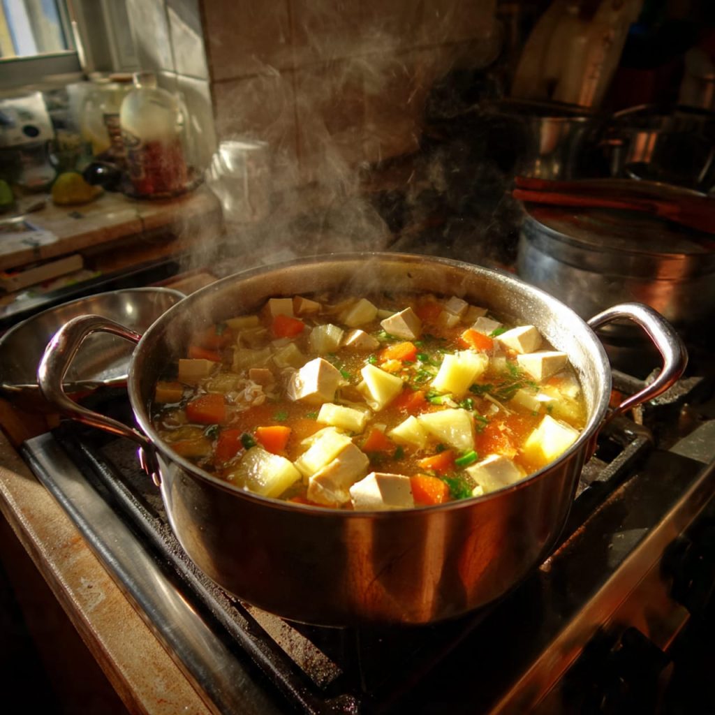 Vegan Vietnamese sour soup simmering in a pot on a home kitchen stove