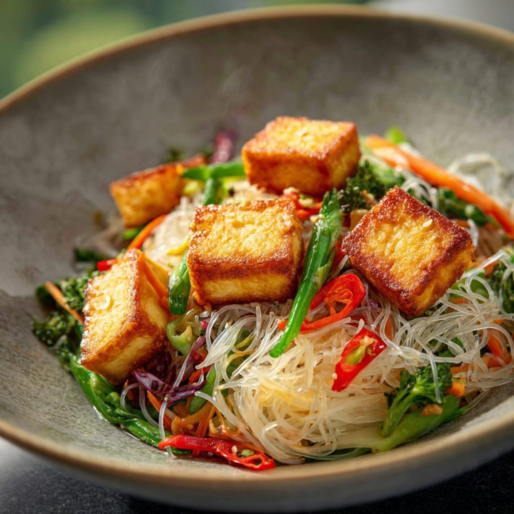 Perfectly stir-fried rice vermicelli with crispy tofu and fresh vegetables, showcasing non-clumping noodles and balanced moisture control