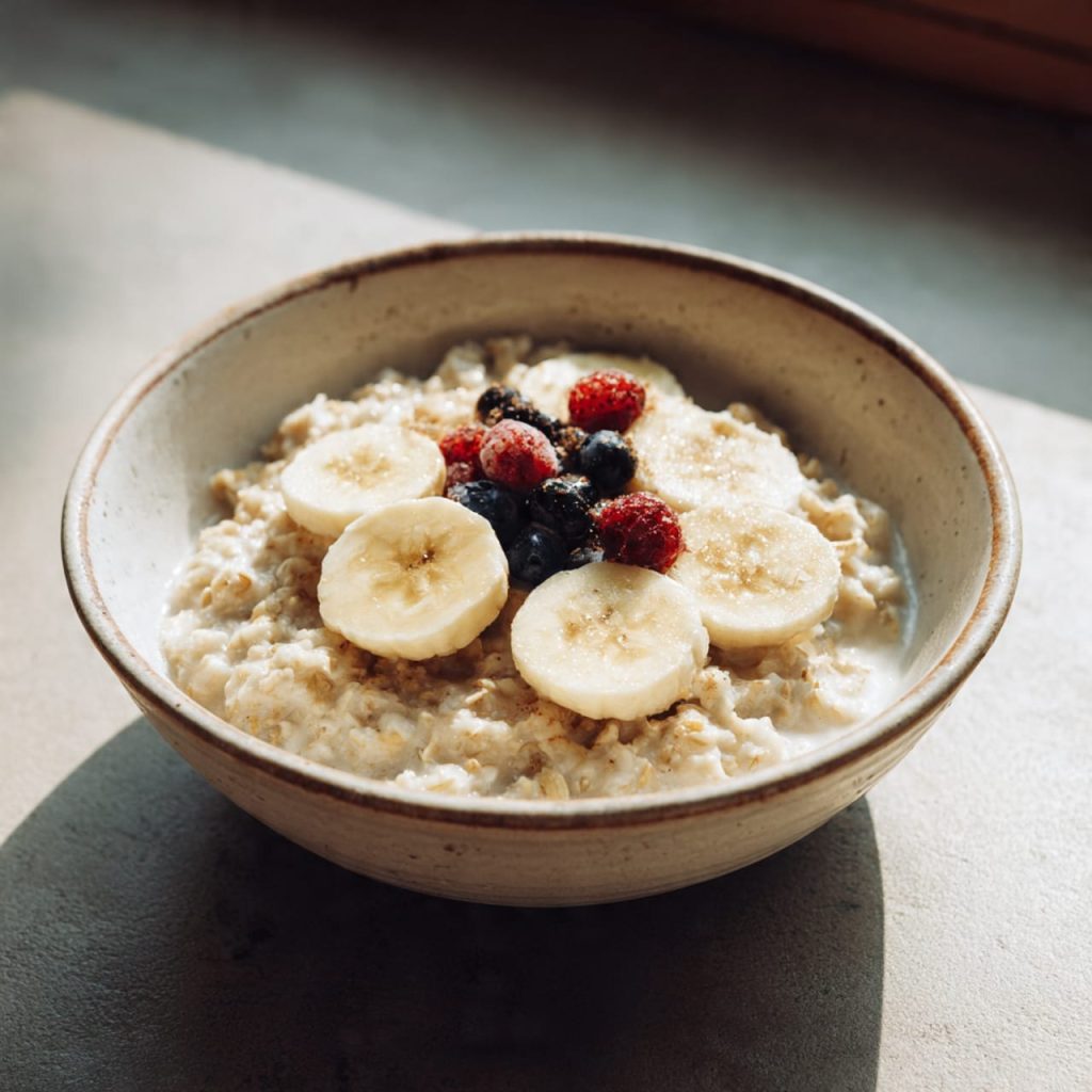 Gluten-free oatmeal cooked with almond milk, a simple and healthy breakfast.