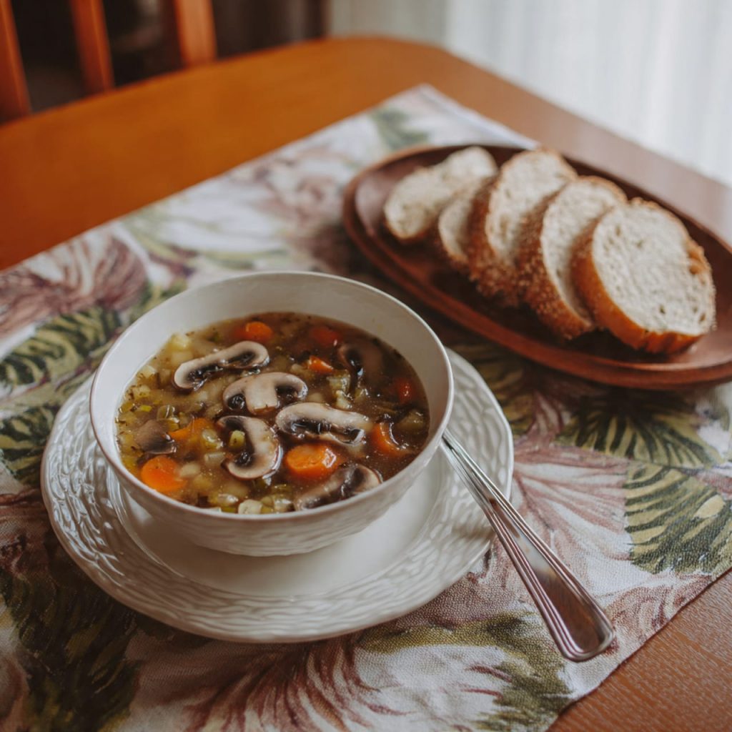 Simple home meal featuring clear vegetable and mushroom soup