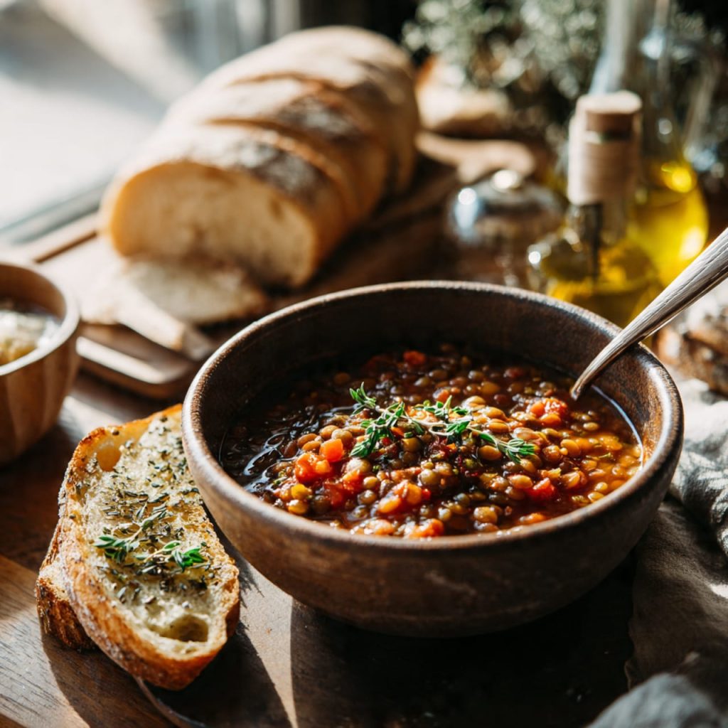 Mediterranean lentil stew in a calm sunlit kitchen setting, symbolizing mindful and healthy plant-based cooking