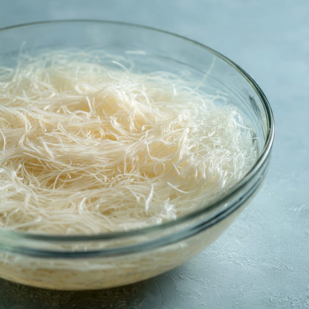 Rice vermicelli soaking in room-temperature water to achieve al dente texture before stir-frying