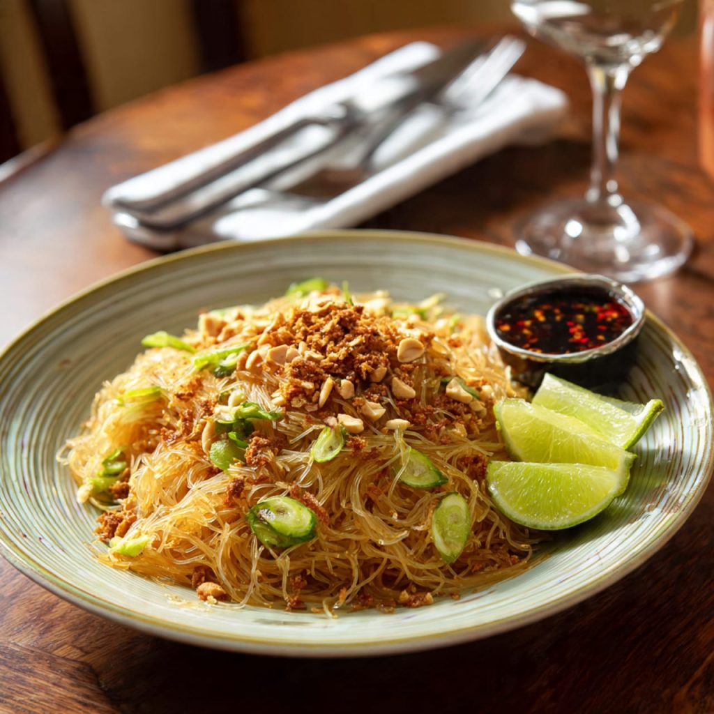 Stir-fried rice vermicelli garnished with peanuts and fried shallots, served with chili soy sauce and lime