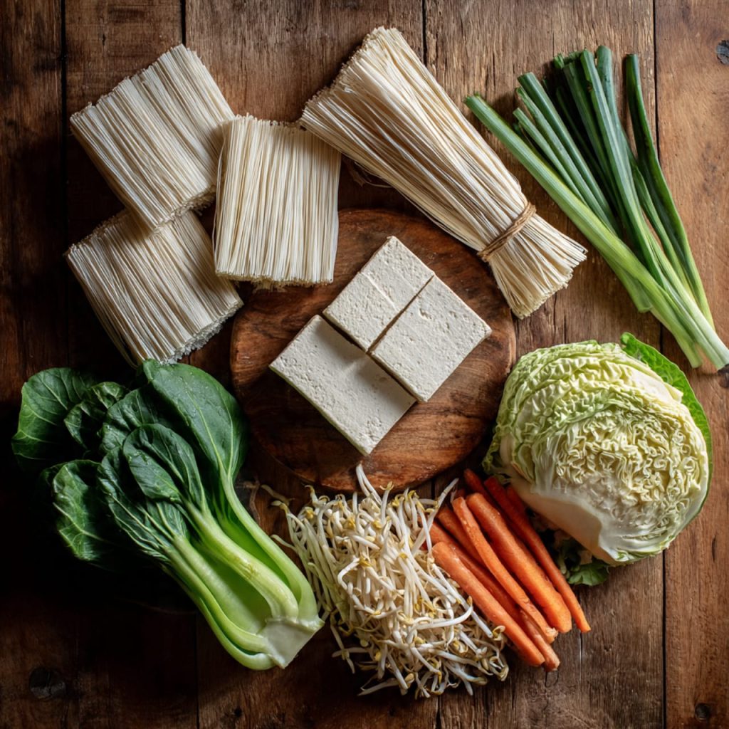 High-quality rice vermicelli, firm tofu, and fresh vegetables prepared for East Asian stir-fried vermicelli dish