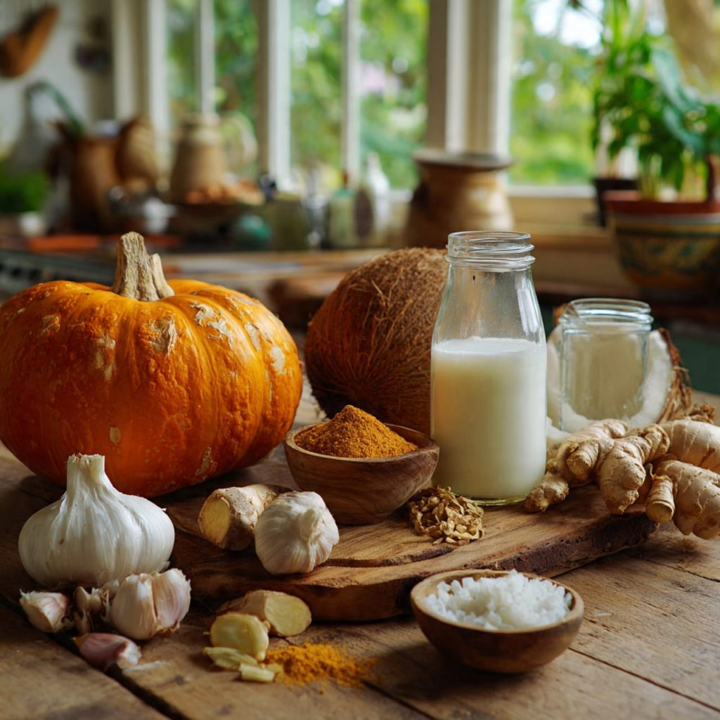 Fresh pumpkin, coconut milk, ginger, garlic, onion
