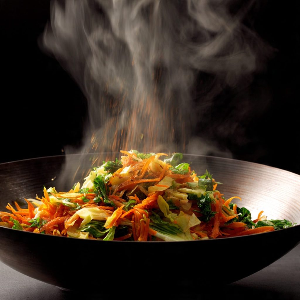 Vegetables flash-fried over high heat to preserve moisture and crunch in rice vermicelli stir fry