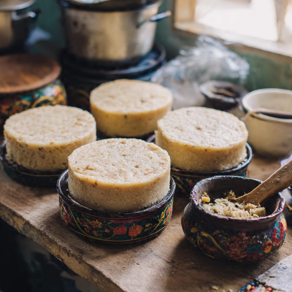 Homemade steamed mung bean cake cooling in a simple kitchen setting.