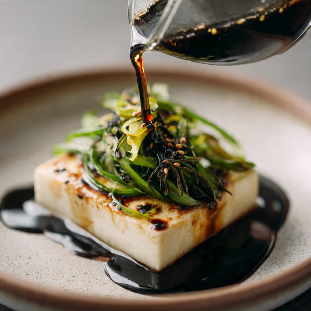 Finishing steamed tofu with hot sesame oil and green onions
