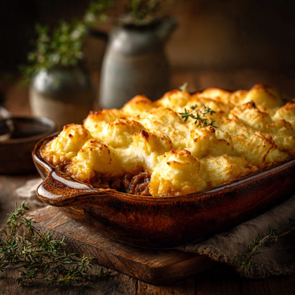 Mushroom and lentil shepherd’s pie with golden mashed potato topping
