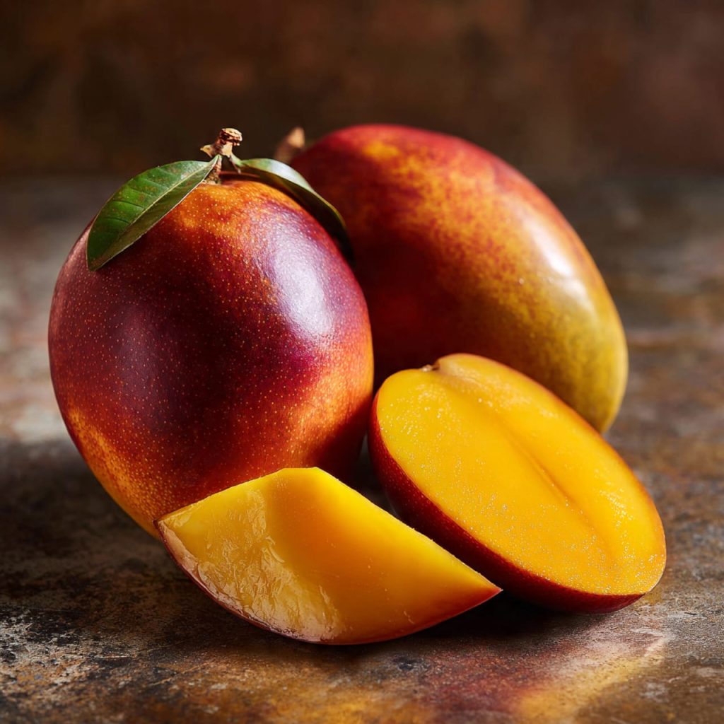 Tree-ripened mangoes with deep golden flesh used for vegan mango agar jelly