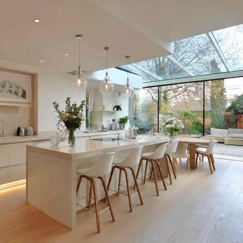Open layout windowless kitchen borrowing light from adjacent living spaces.