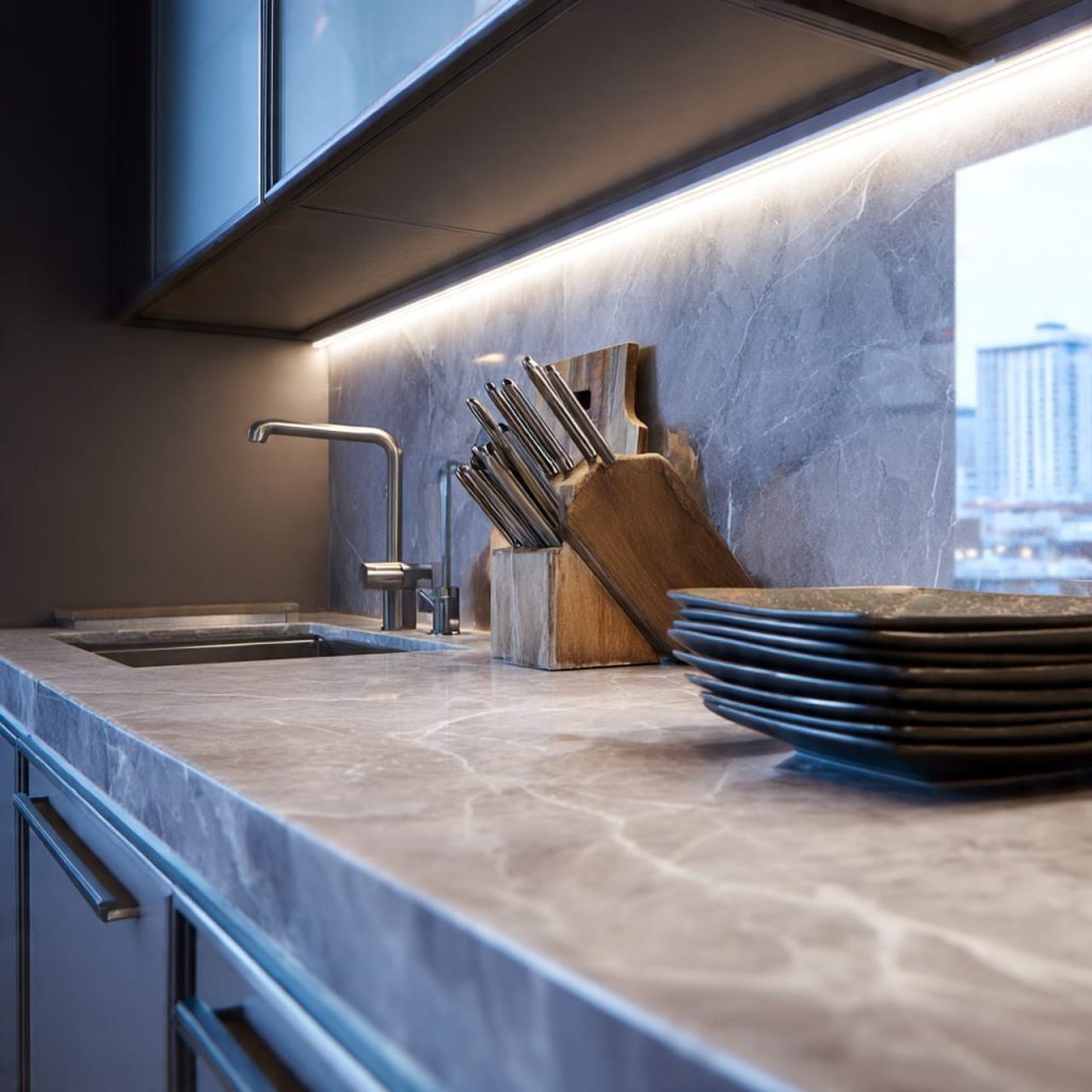 Under-cabinet LED lighting improving visibility and brightness in a windowless kitchen.