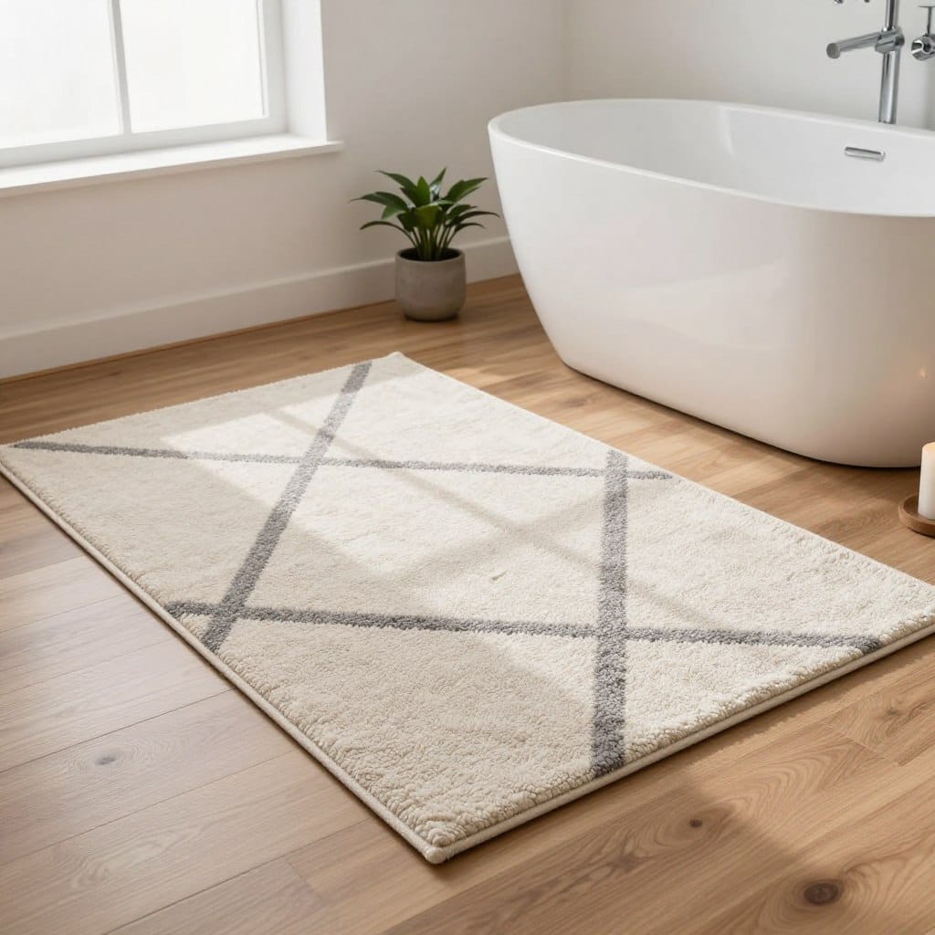 A Scandinavian-inspired minimalist bathroom rug, featuring soft, neutral tones of ivory, grey, and light beige. The rug's design showcases simple geometric patterns with a tufted texture, creating a cozy yet elegant look. In the foreground, the rug is placed on polished wooden floorboards, while a stylish freestanding bathtub and smooth white walls form the backdrop, enhanced with minimalistic decor like a potted plant and candles. Soft, natural lighting filters in from a frosted window, casting gentle shadows and highlighting the rug's details. The atmosphere is serene and inviting, embodying modern simplicity and comfort, perfect for a small bathroom space.