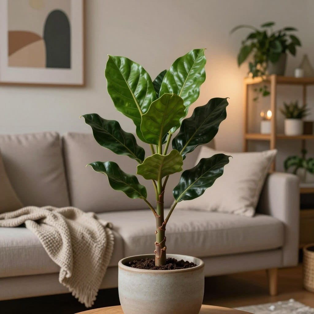 A ZZ Plant with glossy, deep green leaves thrives in a cozy low-light apartment living room. In the foreground, the plant's thick, wrinkled stems emanate from a stylish ceramic pot, adorned with a subtle texture that complements the surroundings. The middle ground features a plush, minimalistic couch draped with soft, neutral-toned throw blankets and cushions, creating a welcoming atmosphere. In the background, soft ambient lighting gently illuminates the space, highlighting a blend of modern artwork and lush greenery on a shelf nearby. A warm, inviting atmosphere envelops the scene as warm light sources create gentle shadows, enhancing the plant's vibrant color. The camera angle is slightly elevated, capturing the intimate and peaceful environment that showcases the ZZ Plant as the main focus of tranquility in this chic living room.