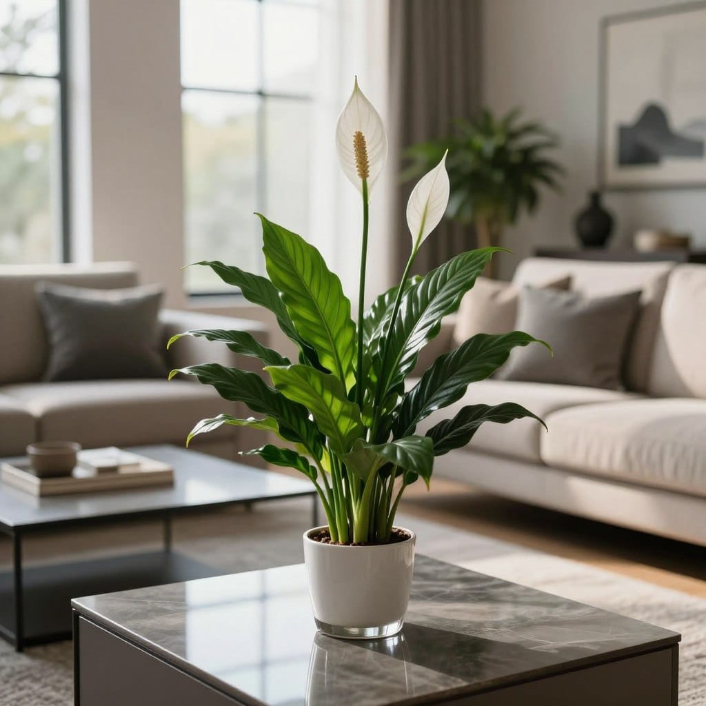 A beautifully arranged Peace Lily plant with lush green leaves and stunning white blooms stands elegantly on a sleek, modern coffee table in a sophisticated living room. In the foreground, the glossy surface of the table reflects the plant's delicate flowers. The middle ground features plush, neutral-toned sofas adorned with decorative pillows, and a stylish area rug adds warmth to the space. In the background, large windows allow soft, natural light to filter in, casting gentle shadows that enhance the serene atmosphere. The room’s decor is minimalistic yet chic, with tasteful art pieces and potted plants, creating a harmonious blend of comfort and sophistication. The image is framed with a slight depth of field, ensuring the Peace Lily remains the focal point, radiating an aura of tranquility and elegance.