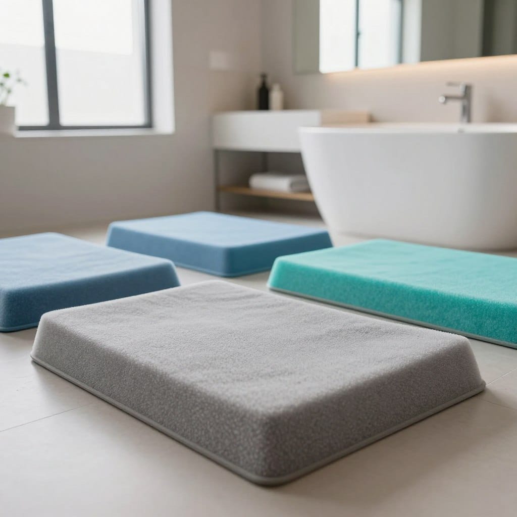 A beautifully arranged bathroom scene featuring quick-dry memory foam mats, showcasing a variety of colors such as soft gray, calming blue, and vibrant aqua. In the foreground, focus on a plush, thick memory foam mat with a textured surface, positioned elegantly in front of a sleek bathtub. The middle ground displays a modern, minimalist bathroom with stylish fixtures and a large mirror reflecting light. In the background, soft natural light filters through frosted glass windows, creating a serene and inviting atmosphere. The composition should highlight the comfort and contemporary design of the mats, evoking a sense of warmth and relaxation, suitable for small spaces. Use a soft focus lens effect to enhance the calming mood, emphasizing the luxurious feel of the memory foam material.
