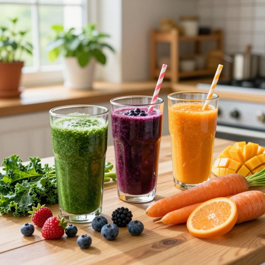 A beautifully arranged collection of seasonal anti-aging smoothies on a wooden table, featuring vibrant colors and fresh ingredients. In the foreground, show three tall glass jars filled with different smoothies: a bright green kale and cucumber blend, a deep purple berry mix, and a luscious orange carrot and mango smoothie. Surround the glasses with fresh fruits and vegetables scattered artfully, like ripe berries, leafy greens, and sliced citrus. In the background, softly blurred, display a sunlit kitchen with herbs on windowsills and wooden shelves. Utilize natural lighting to create a warm, inviting atmosphere, highlighting the freshness and vitality of the ingredients. Capture the scene from a slightly elevated angle for an appealing perspective. A beautifully arranged collection of seasonal anti-aging smoothies on a wooden table, featuring vibrant colors and fresh ingredients. In the foreground, show three tall glass jars filled with different smoothies: a bright green kale and cucumber blend, a deep purple berry mix, and a luscious orange carrot and mango smoothie. Surround the glasses with fresh fruits and vegetables scattered artfully, like ripe berries, leafy greens, and sliced citrus. In the background, softly blurred, display a sunlit kitchen with herbs on windowsills and wooden shelves. Utilize natural lighting to create a warm, inviting atmosphere, highlighting the freshness and vitality of the ingredients. Capture the scene from a slightly elevated angle for an appealing perspective.