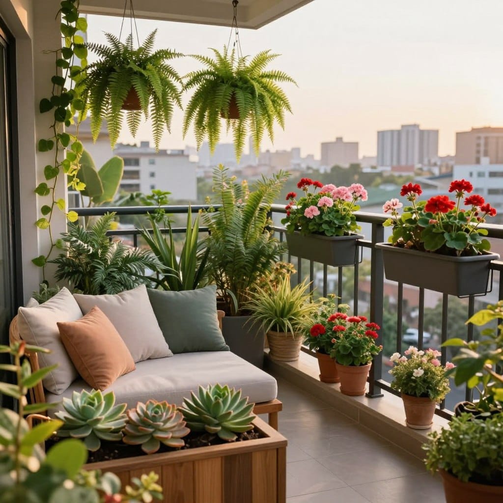 A beautifully arranged contemporary balcony adorned with an array of lush, thriving plants, showcasing a mix of potted herbs, colorful flowers, and green climbing vines. In the foreground, a wooden planter box with vibrant succulents and a cozy seating area adorned with soft pillows. The middle section features hanging planters filled with cascading ferns, while modern railing planters host vibrant geraniums. In the background, a soft-focus city skyline is visible, under a warm, golden hour sunlight that creates a serene glow. The scene captures a tranquil atmosphere, inviting relaxation and appreciation of nature in an urban setting, viewed from a slightly elevated angle to emphasize the plant diversity and contemporary design.