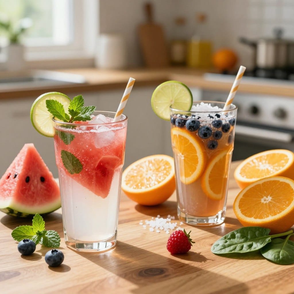 A beautifully arranged display of seasonal electrolyte smoothies on a wooden table, showcasing vibrant colors and fresh ingredients. In the foreground, a summer smoothie with juicy watermelon, mint leaves, and coconut water in a clear glass garnished with a slice of lime. Beside it, a winter-inspired smoothie with blended citrus fruits, blueberries, and a sprinkle of sea salt, reflecting warmth. In the middle, fresh fruits and vegetables - oranges, berries, and spinach - scattered artfully, enhancing the seasonal theme. The background features a soft-focus kitchen setup with natural light pouring in, casting a warm glow across the scene. The atmosphere is inviting and refreshing, capturing the essence of health and vitality after sun exposure.