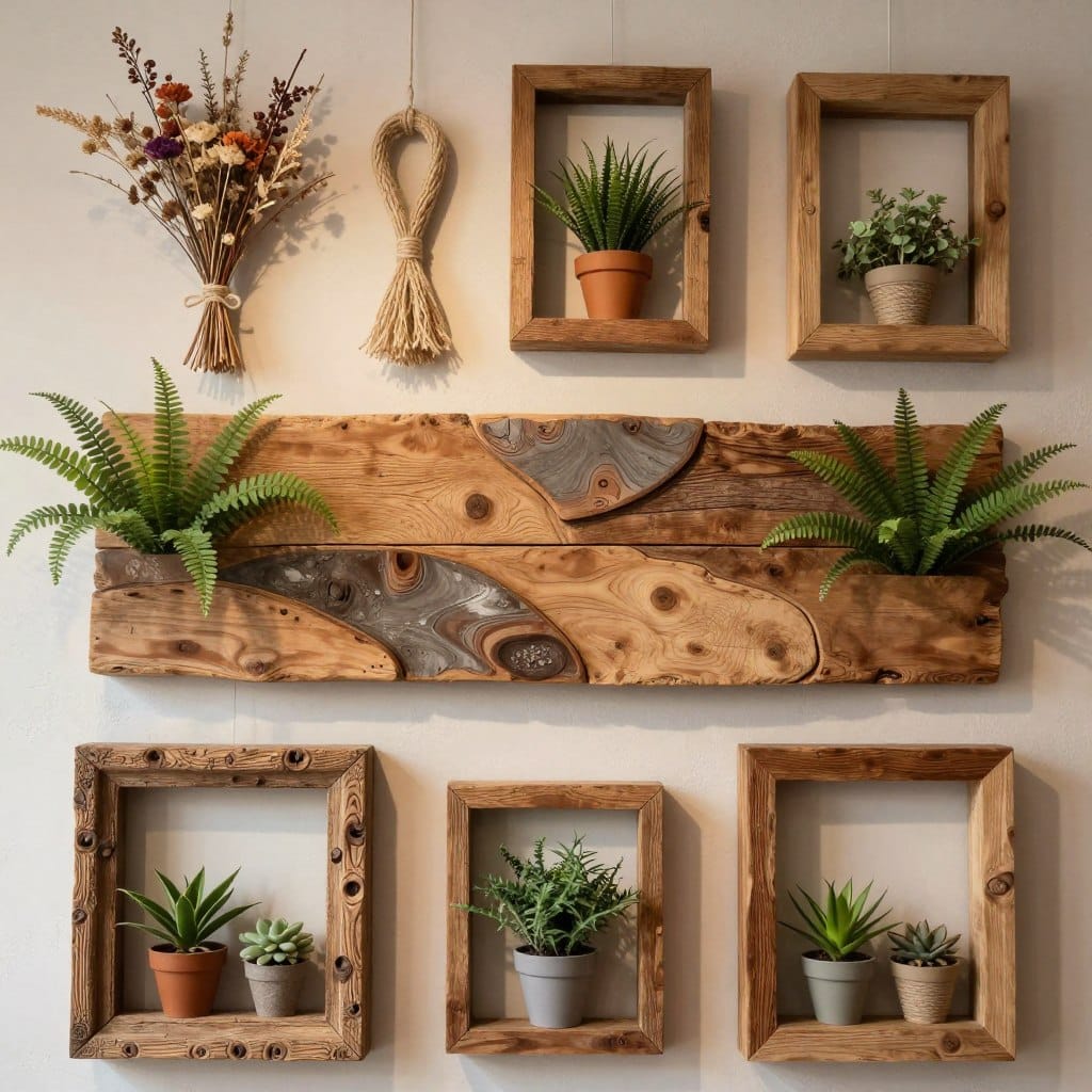 A beautifully arranged display of sustainable wall decor made from reclaimed wood, featuring a variety of natural elements such as dried flowers, green ferns, and textured twine. In the foreground, intricate wooden frames hold miniature potted plants, showcasing the combination of rustic charm and modern design. The middle layer highlights a large, eye-catching piece crafted from aged wood panels, harmonized with organic shapes and subtle color variations. The background showcases a lightly textured wall in soft, neutral tones that enhances the overall aesthetic. The lighting is warm and inviting, casting soft shadows to create depth, with a gentle focus that emphasizes the beauty of the materials. The mood is tranquil and earthy, conveying a sense of sustainability and modern elegance.