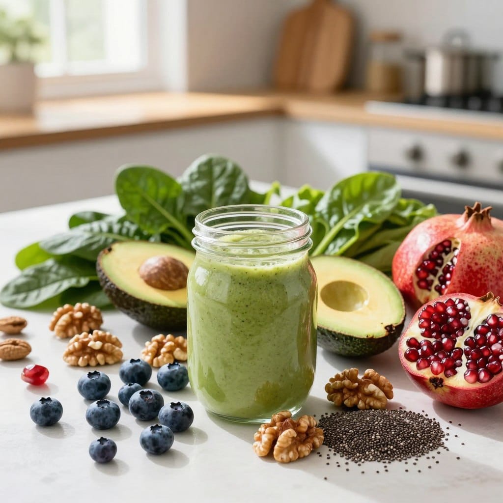 A beautifully arranged flat lay of vibrant anti-aging superfoods, showcasing ingredients like blueberries, avocados, spinach, walnuts, chia seeds, and pomegranates. In the foreground, a clear glass jar filled with a creamy, green smoothie made from these superfoods. The middle ground features fresh fruits and nuts artfully scattered around the smoothie, creating a sense of abundance. In the background, a softly blurred kitchen setting with natural wood accents and bright lighting, suggesting a warm and inviting atmosphere. Sunlight filters through a window, casting gentle highlights on the ingredients, enhancing their colors and textures. The overall mood is fresh, healthy, and uplifting, perfect for illustrating the benefits of superfoods in anti-aging smoothies. A beautifully arranged flat lay of vibrant anti-aging superfoods, showcasing ingredients like blueberries, avocados, spinach, walnuts, chia seeds, and pomegranates. In the foreground, a clear glass jar filled with a creamy, green smoothie made from these superfoods. The middle ground features fresh fruits and nuts artfully scattered around the smoothie, creating a sense of abundance. In the background, a softly blurred kitchen setting with natural wood accents and bright lighting, suggesting a warm and inviting atmosphere. Sunlight filters through a window, casting gentle highlights on the ingredients, enhancing their colors and textures. The overall mood is fresh, healthy, and uplifting, perfect for illustrating the benefits of superfoods in anti-aging smoothies.