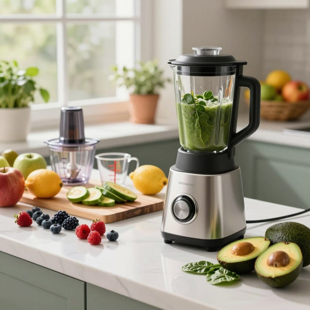 A beautifully arranged kitchen countertop showcasing essential equipment for creating anti-aging smoothies. In the foreground, a sleek, high-performance blender with a glass pitcher, surrounded by vibrant, colorful ingredients like fresh berries, spinach, and avocados. In the middle ground, a cutting board with neatly sliced fruits, measuring cups, and a small food processor, all set against a backdrop of a sunlit window that casts soft, natural light. The background features potted herbs and a stylish fruit bowl, enhancing the atmosphere of health and vitality. The overall mood is fresh, inviting, and energetic, with a modern aesthetic that reflects a focus on wellness and beauty. The image is shot with a shallow depth of field to emphasize the equipment and fresh ingredients. A beautifully arranged kitchen countertop showcasing essential equipment for creating anti-aging smoothies. In the foreground, a sleek, high-performance blender with a glass pitcher, surrounded by vibrant, colorful ingredients like fresh berries, spinach, and avocados. In the middle ground, a cutting board with neatly sliced fruits, measuring cups, and a small food processor, all set against a backdrop of a sunlit window that casts soft, natural light. The background features potted herbs and a stylish fruit bowl, enhancing the atmosphere of health and vitality. The overall mood is fresh, inviting, and energetic, with a modern aesthetic that reflects a focus on wellness and beauty. The image is shot with a shallow depth of field to emphasize the equipment and fresh ingredients.