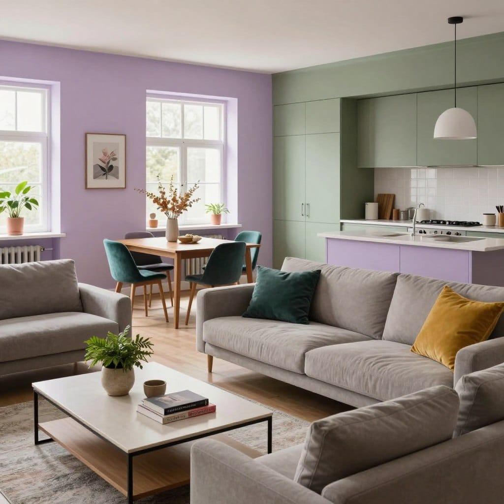A beautifully arranged open plan living area and kitchen featuring modern paint colors, showcasing a harmonious blend of soft pastel shades and bold accent hues. In the foreground, a stylish sofa in a muted gray or beige sits beside a sleek coffee table adorned with decorative plants and books. The middle ground reveals an elegant dining area with a wooden table, surrounded by colorful dining chairs in shades of teal and mustard yellow. In the background, large windows filter in natural light, illuminating the fresh wall colors, which include soft lavender and earthy greens. The atmosphere conveys a sense of calm and sophistication, inviting warmth and creativity. Use soft, diffused lighting from the windows, and capture the scene from a slightly elevated angle to enhance depth and perspective.