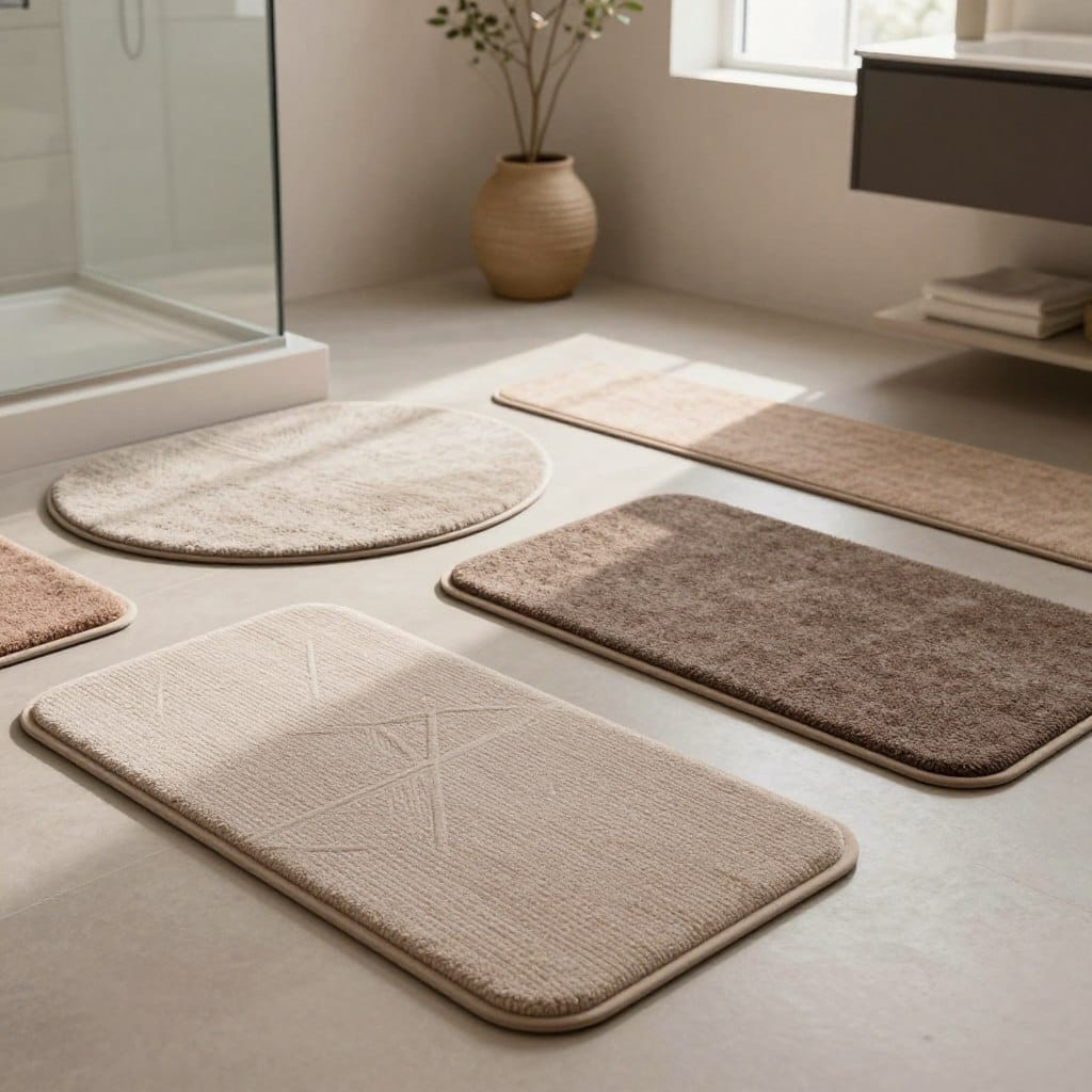 A beautifully arranged selection of stylish shower exit mats for modern bathrooms, featuring various slim and elongated shapes in a harmonious palette of muted earth tones and soft textures. The foreground showcases a sleek runner mat with subtle geometric patterns, while the middle presents a few round and rectangular mats in contrasting colors that enhance their aesthetic appeal. In the background, a softly lit bathroom setting, adorned with elegant fixtures and minimalistic decor, complements the rugs. Warm, natural lighting spills in from a window, casting gentle shadows and creating a serene atmosphere. The composition captures a sense of modern elegance and practicality, perfect for small spaces.
