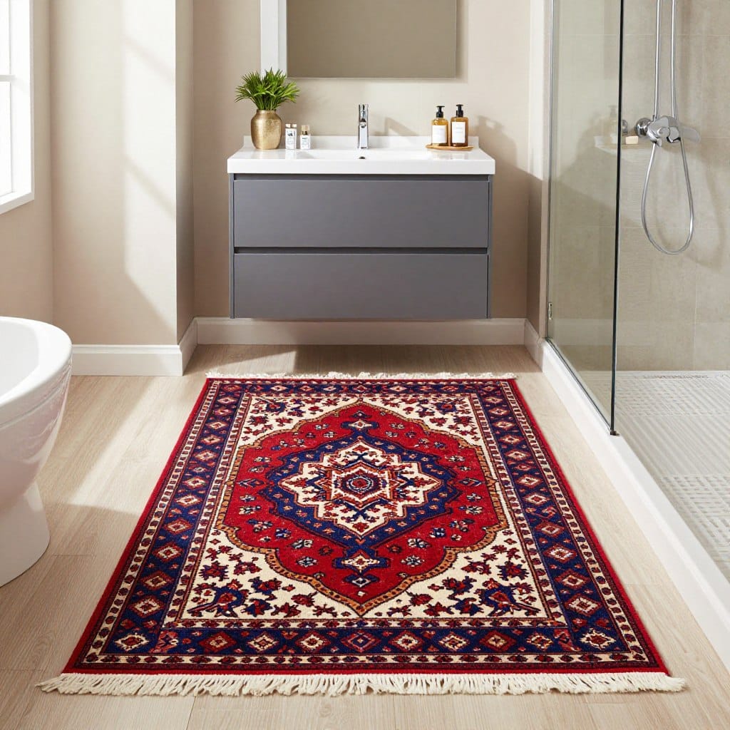 A beautifully arranged small bathroom showcasing stylish Turkish and Persian-inspired rugs. In the foreground, feature an elegant small-scale rug with intricate patterns and vibrant colors, ideally placed in front of a modern sink or shower. The middle ground includes minimalist bathroom decor, such as a sleek vanity with decorative plant accents and stylish toiletries. The background reveals soft, neutral-toned walls that enhance the rug's colors, with natural light streaming in from a nearby window, casting gentle shadows. The atmosphere is inviting and tranquil, highlighting the charm of the rug design while emphasizing functionality in a compact space. Use a wide-angle lens to capture the entire scene and ensure the composition is bright and airy.