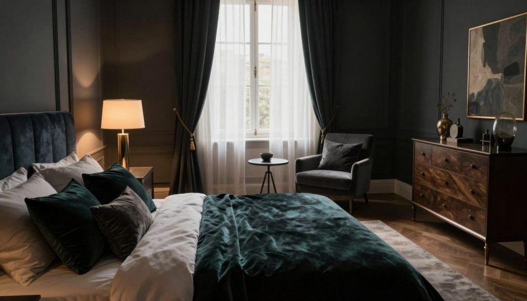 A beautifully arranged sophisticated bedroom showcasing an elegant moody aesthetic. In the foreground, a plush, dark velvet bed with luxurious bedding, accented by stylish throw pillows in deep jewel tones. A minimalist nightstand with a sleek lamp casts warm, soft lighting. The middle ground features a carefully positioned armchair and a small accent table, enhancing the cozy atmosphere. On the opposite wall, an elegant dresser adorned with decorative items adds character. In the background, a large window with flowing, sheer curtains allows diffused natural light to filter in, creating a tranquil ambiance. The color palette includes rich dark hues, complemented by warm metallic accents, yielding an inviting yet upscale mood. Capture this design from a slightly elevated angle to emphasize the arrangement and depth of the space.
