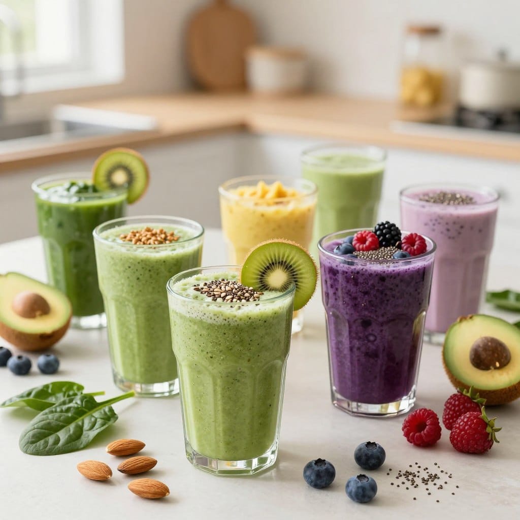A beautifully arranged table showcasing an array of vibrant, protein-packed anti-aging smoothies in various pastel-colored glassware. In the foreground, emphasize two smoothies: one green with spinach, avocado, and protein powder topped with seeds and a slice of kiwi, and another deep purple with berries, almond milk, and a sprinkle of chia seeds. In the middle, include fresh ingredients like almonds, spinach, and assorted berries artfully scattered around. In the background, a softly blurred kitchen setting with warm, natural lighting coming from a window, creating an inviting and healthy atmosphere. The image should evoke a sense of vitality and wellness, capturing the essence of nourishing beauty. A beautifully arranged table showcasing an array of vibrant, protein-packed anti-aging smoothies in various pastel-colored glassware. In the foreground, emphasize two smoothies: one green with spinach, avocado, and protein powder topped with seeds and a slice of kiwi, and another deep purple with berries, almond milk, and a sprinkle of chia seeds. In the middle, include fresh ingredients like almonds, spinach, and assorted berries artfully scattered around. In the background, a softly blurred kitchen setting with warm, natural lighting coming from a window, creating an inviting and healthy atmosphere. The image should evoke a sense of vitality and wellness, capturing the essence of nourishing beauty.