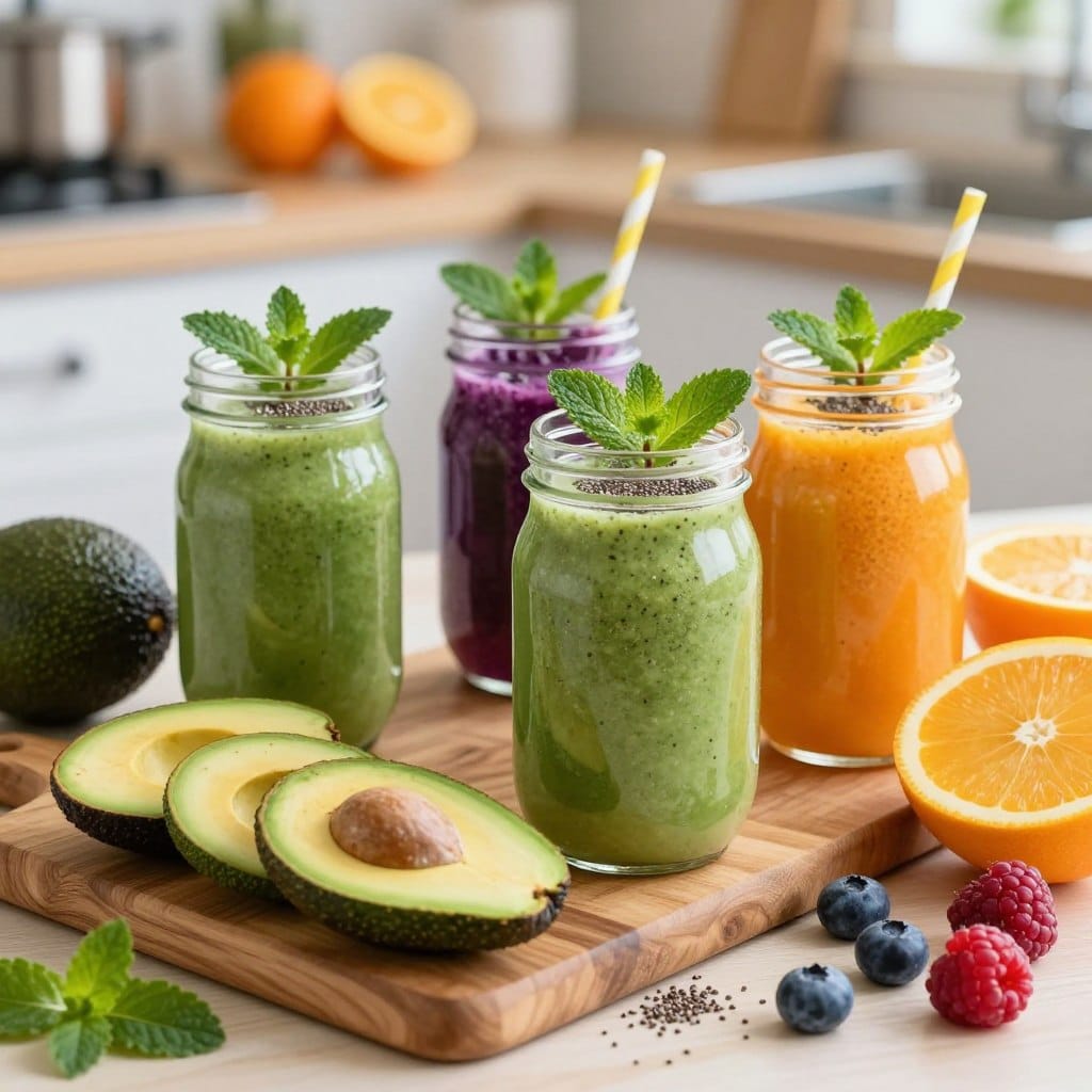 A beautifully arranged tabletop filled with vibrant anti-aging smoothies in glass jars, each showcasing fresh, colorful ingredients. The foreground features a classic wooden cutting board with sliced fruits like avocados, berries, and citrus, representing the key ingredients for youthful skin. In the middle, three glass jars filled with smoothies in shades of green, purple, and orange, topped with fresh mint leaves and chia seeds, highlight their nutritious appeal. The background displays a softly blurred kitchen setting with natural light streaming in, creating a warm and inviting atmosphere. The scene evokes a sense of health and vitality, inspiring viewers to embrace wholesome ingredients while subtly emphasizing the importance of careful preparation and ingredient selection in smoothie making. A beautifully arranged tabletop filled with vibrant anti-aging smoothies in glass jars, each showcasing fresh, colorful ingredients. The foreground features a classic wooden cutting board with sliced fruits like avocados, berries, and citrus, representing the key ingredients for youthful skin. In the middle, three glass jars filled with smoothies in shades of green, purple, and orange, topped with fresh mint leaves and chia seeds, highlight their nutritious appeal. The background displays a softly blurred kitchen setting with natural light streaming in, creating a warm and inviting atmosphere. The scene evokes a sense of health and vitality, inspiring viewers to embrace wholesome ingredients while subtly emphasizing the importance of careful preparation and ingredient selection in smoothie making.