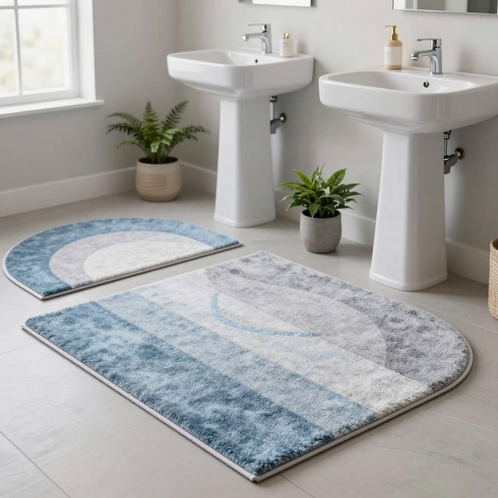 A beautifully designed bathroom scene featuring various half-moon shaped rugs placed under pedestal sinks. In the foreground, focus on a soft, textured rug in a calming color palette of pastel blues and grays, seamlessly complementing the decorative elements. The middle of the scene showcases elegantly styled pedestal sinks adorned with stylish faucets, surrounded by minimalist decor like potted plants and stylish soap dispensers. In the background, soft natural light filters through a window, reflecting off the smooth surfaces and creating a serene ambiance. The overall mood is modern and inviting, emphasizing functionality and aesthetics in small space bathroom design. The image composition should be well-balanced, highlighting the rugs' shapes and textures without cluttering the space.