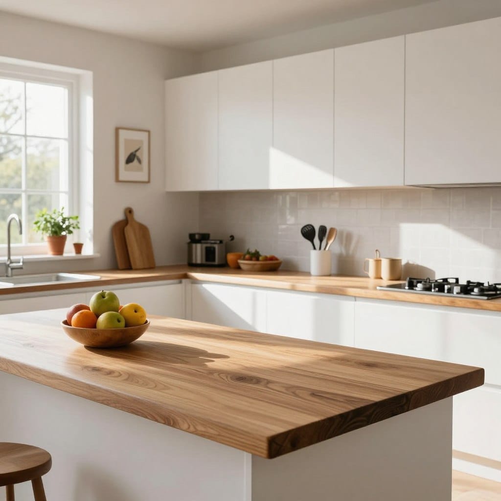 A beautifully designed kitchen featuring a warm butcher block countertop paired with sleek white cabinets. The foreground showcases the rich wood grain of the butcher block, accentuated by a bowl of fresh fruit and a few modern kitchen utensils. In the middle, the stunning white cabinets gleam under soft, natural lighting, with a cozy atmosphere created by the sunlight streaming through a nearby window. The background includes subtle decorative elements like potted herbs on the windowsill and minimalistic wall art, enhancing the fresh and inviting look. Capture this scene from a slightly elevated angle to emphasize the layout and design, creating a harmonious blend of modern aesthetics and rustic charm.