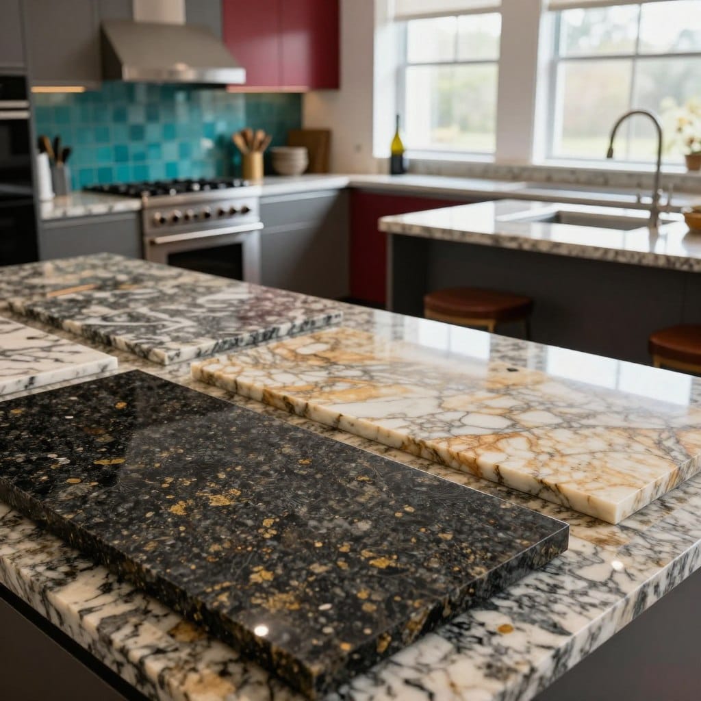 A beautifully designed kitchen featuring luxurious granite countertops in various styles and colors. In the foreground, showcase several types of granite slabs, highlighting their unique patterns and textures, such as deep blacks with gold speckles, grey with white marbling, and warm beige tones. In the middle, a modern kitchen setting with sleek cabinetry and bold backsplash options in vibrant colors, like teal and crimson, elegantly complementing the countertops. In the background, soft, natural light filters through large windows, creating a warm and inviting atmosphere. Capture the scene from a wide-angle perspective, emphasizing the spaciousness and sophisticated design of the kitchen. The overall mood should convey elegance and modern luxury, inspiring ideas for homeowners considering granite countertop options.