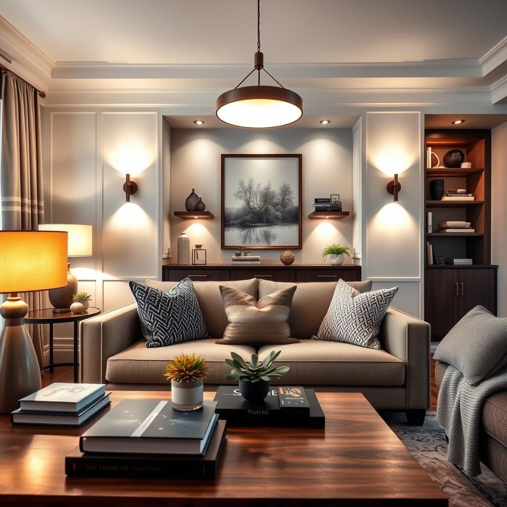 A beautifully designed living room featuring innovative home decor lighting with a layered lighting design. In the foreground, a stylish coffee table with decorative books and a small plant, illuminated by a warm table lamp. The middle ground showcases a chic sofa adorned with textured cushions, with wall-mounted sconces providing soft ambient light, and a pendant lamp adding a statement above. The background reveals a cozy bookshelf with spotlights highlighting decorative items. The scene is captured with a slightly elevated angle, enhancing the depth and warmth of the room, evoking a welcoming atmosphere. Use natural and artificial lighting to create a harmonious glow that emphasizes the sophisticated yet budget-friendly decor.