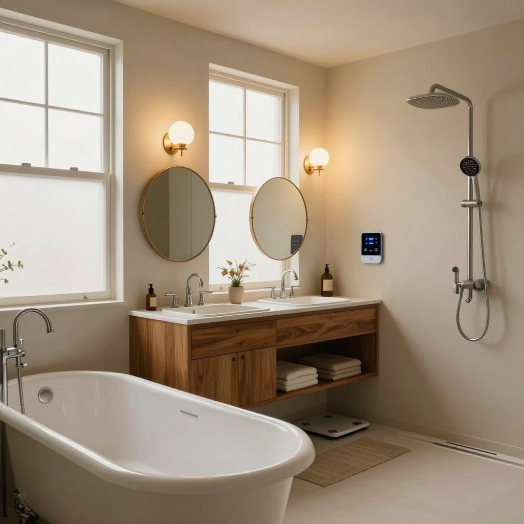 A beautifully designed mid-century bathroom featuring a blend of retro elements and smart technology. In the foreground, a vintage-style bathtub with elegant curves sits next to a sleek smart shower system with touch-control panels. The middle ground showcases a stylish oak vanity with round mirrors, highlighting vintage sconces illuminated with warm LED lighting. Smart devices like a digital scale and a smart mirror are subtly integrated into the decor. In the background, large frosted windows allow soft natural light to fill the room, enhancing the retro ambiance. The overall mood is inviting and calm, reflecting a harmonious coexistence of classic design and modern convenience. The scene is captured with a warm color palette, shot from a slightly elevated angle to encompass the entire bathroom space.