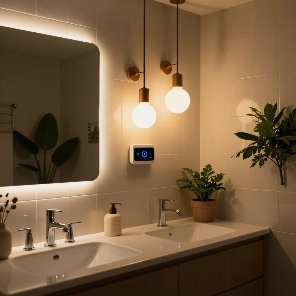 A beautifully designed mid-century bathroom featuring sleek lines and retro fixtures illuminated by innovative smart lighting solutions. In the foreground, a stylish vanity with a minimalist mirror reflects ambient LED lighting, creating a warm, inviting glow. The middle layer showcases unique light fixtures that blend seamlessly with the era's aesthetic—think geometric shapes and soft diffused bulbs. A modern smart lighting control panel is discreetly integrated into the cabinetry. In the background, classic tilework complements the lighting, while lush indoor plants add a touch of nature. Use soft lighting to evoke a serene atmosphere, with a focus on the interplay of light and shadow. Capture the scene from a slightly elevated angle, emphasizing both the smart technology and mid-century design harmony.
