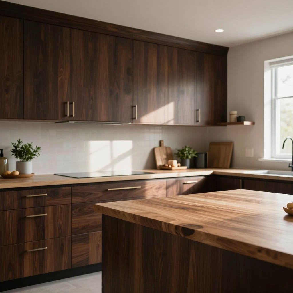 A beautifully designed modern kitchen featuring dark wooden cabinets that exude elegance and sophistication. The cabinets are accented with sleek, brushed metal handles, creating a striking contrast against the rich, dark wood. The focal point of the kitchen is the stunning butcher block countertops, warm and inviting, with visible wood grain textures that emphasize a cozy atmosphere. Soft, diffused natural light pours in through a window, casting gentle shadows that enhance the kitchen's depth. In the background, minimalist open shelving displays curated kitchen items with a touch of greenery. The composition is captured from a slight angle to showcase both the cabinetry and countertops in an inviting, homey setting. The overall mood is warm, welcoming, and perfect for a modern home.