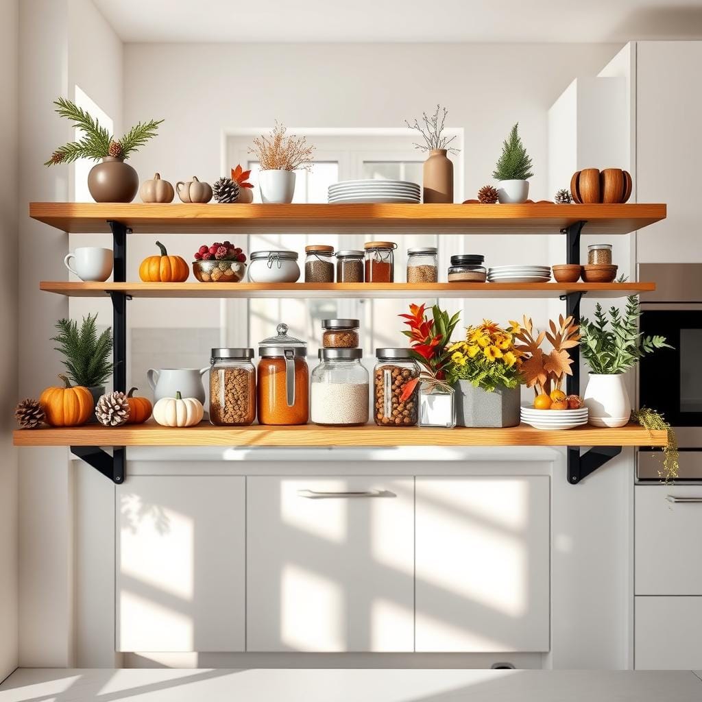 A beautifully designed modern kitchen shelf, showcasing a seasonal rotation of decor and kitchenware. The foreground features an elegant wooden shelf, adorned with a mix of autumnal and winter decorations, such as small pumpkins, pinecones, and cozy mugs. In the middle, an array of neatly arranged jars filled with spices and herbs, paired with stylish dishware and vibrant, seasonal plants. The background highlights a bright, airy kitchen with sleek, minimalistic cabinetry and soft white walls. Natural light filters through a window, casting warm shadows to create a welcoming atmosphere. Captured from a slightly elevated angle to showcase the depth and layering of the shelf decor, evoking a sense of freshness and seasonal charm.