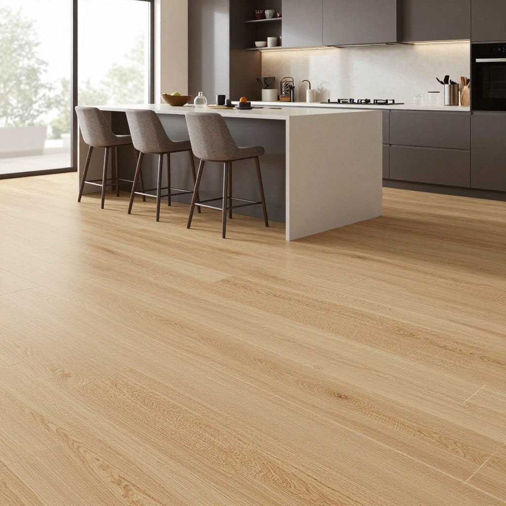 A beautifully designed modern kitchen showcasing the latest flooring trends for 2026, featuring a combination of luxury vinyl tile and cork. In the foreground, the textured cork flooring in warm, natural shades complements the sleek, light-colored luxury vinyl tiles, arranged in an eye-catching pattern. The middle ground reveals a spacious kitchen island with elegant bar stools, adorned with stylish kitchenware. In the background, large windows flood the space with natural light, enhancing the inviting atmosphere. The overall mood is sophisticated and contemporary, captured with soft, diffused lighting at a slight angle to highlight the textures of the flooring and the modern cabinetry. The scene evokes a sense of practicality meeting chic design, perfect for a culinary workspace.